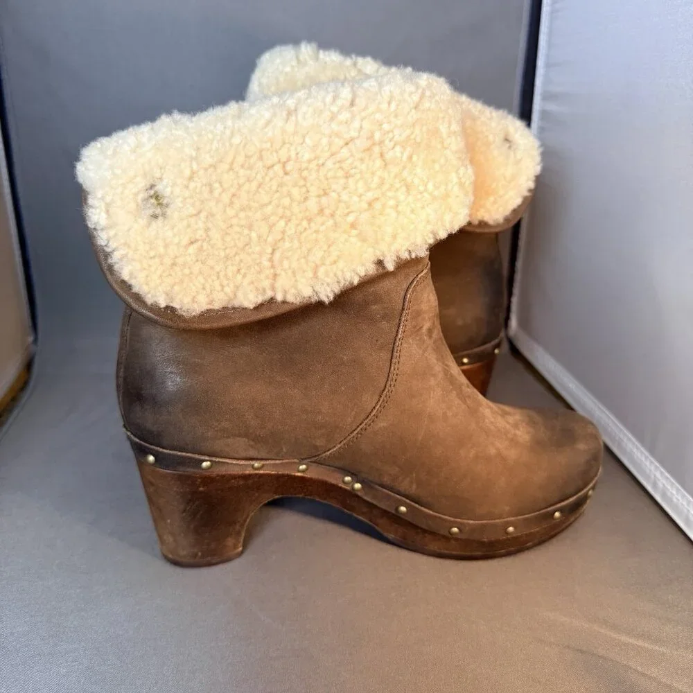UGG Fold Over Size 6 Brown Leather Sheepskin Cuff LYNNEA Ankle Calf Boots Shoes - Picture 2 of 7